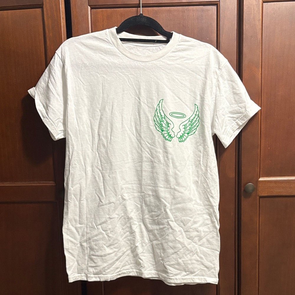 Gildan White Tee with Green Angel Wing Design
